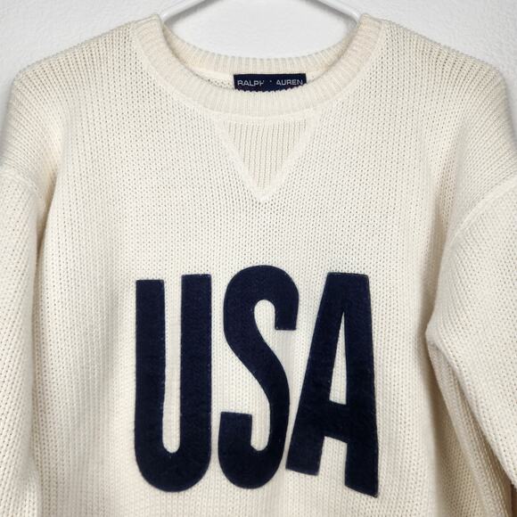 Ralph Lauren Polo Sport Vintage USA Sweater Cream Women Size Large Crewneck Flag - Picture 3 of 12